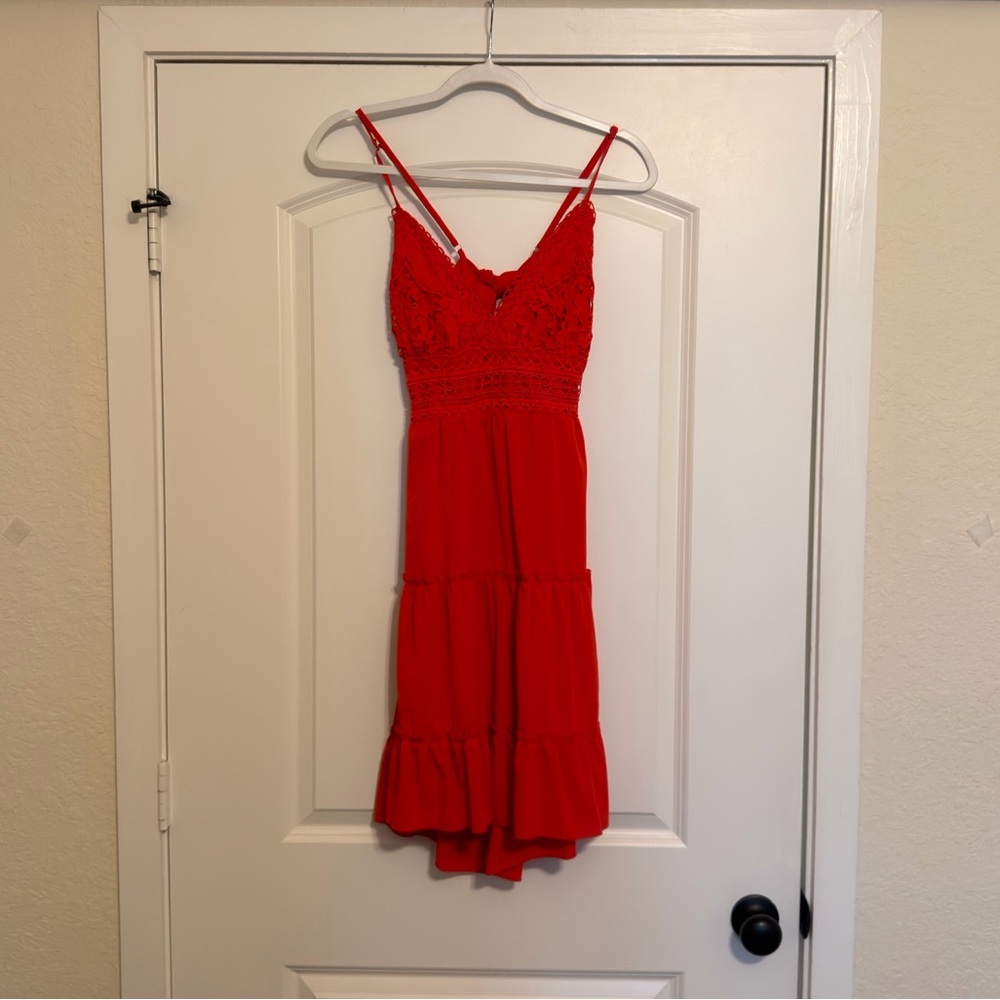 ECOWISH Red Lace V-Neck Skater Dress Spaghetti Strap Small - Picture 3 of 5